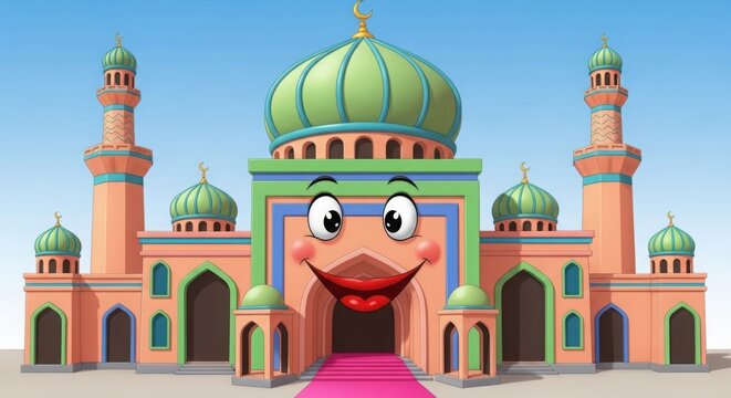 A cartoon mosque with a smiling face on the front entrance illustration
