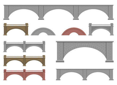 Collection of different types and colors of arched bridges on a white background
