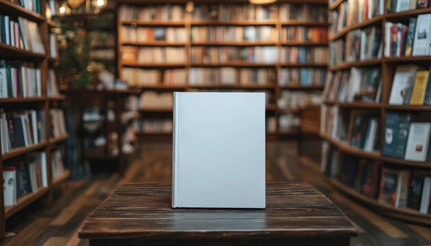 Blank hardcover book standing on a wooden table in a warm cozy bookstore with blurred shelves of books in the background, evoking quiet invitation and imagination