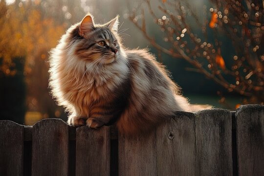 fluffy long-haired cat perched on a weathered wooden fence at golden hour, looking alert and serene amid warm autumn bokeh