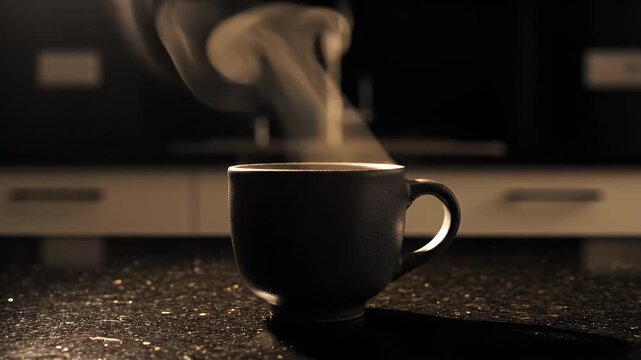A steaming coffee cup sits on a speckled counter with a blurred kitchen backdrop