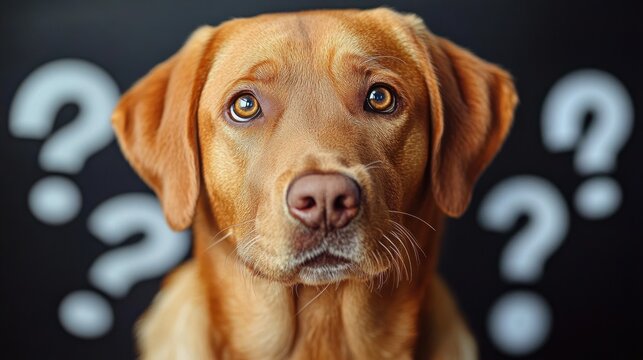 brown dog showing ears and chest fur against dark background with large question marks, conveying curiosity and mild confusion