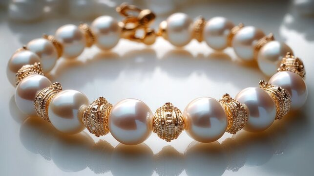 Close-up of a pearl bracelet with gold filigree spacers on a glossy reflective surface, radiating elegance and luxury.