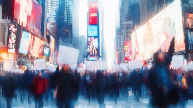 Blurred crowd on a neon lit city street at night with towering billboards and bright screens capturing frantic urban energy and collective motion