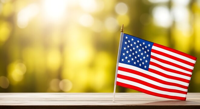 A small american flag standing on a wooden surface against a soft golden sunlit forest background