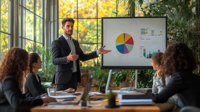 Confident presenter leading a collaborative business meeting at a wooden table with colorful charts on an easel, attentive colleagues, warm sunlight and abundant indoor plants, focused and engaged