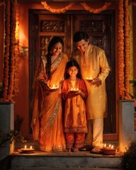 Obraz premium Joyful Indian family lighting traditional diya lamps on their decorated porch during Diwali.