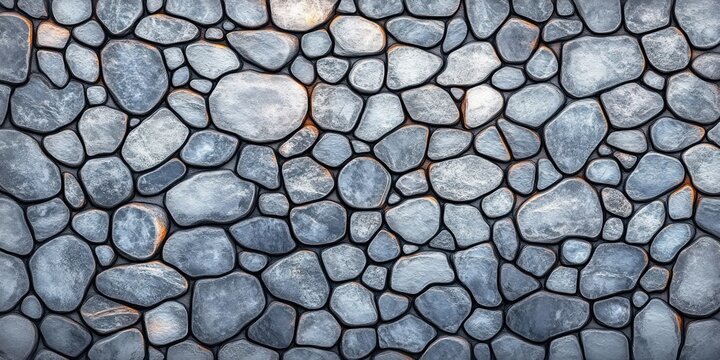 interlocking smooth river stones forming a mosaic wall with cool gray-blue tones and subtle warm seams, evoking calmness and balance