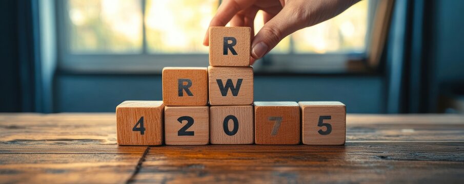 hand placing a wooden block with letter r atop a pyramid of wooden blocks showing letters and numbers on a rustic table by a sunlit window conveying focus and careful planning