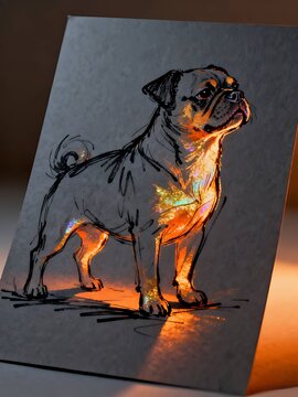 Minimalist abstract sketch series : Chug Dog, with iridescent orange-gold effect portrait of a canine pet in gray cardstock 001