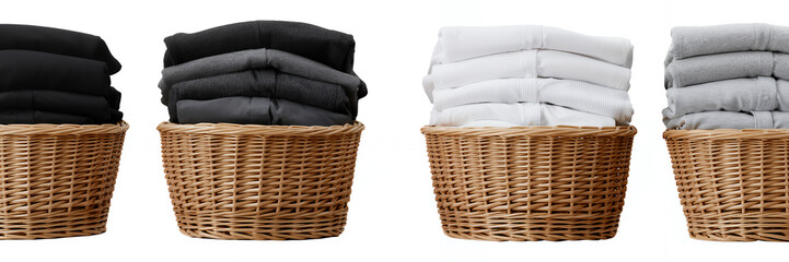Obraz premium Four wicker baskets with folded blankets in black, dark gray, white, and light gray