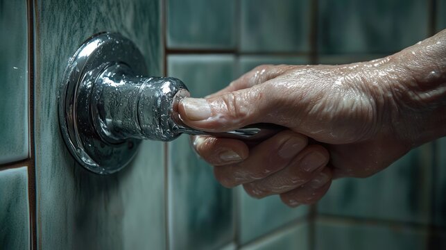 wet wrinkled hand turning a chrome shower knob against green bathroom tiles, a quiet hesitant moment