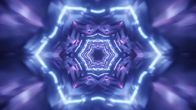 A futuristic tunnel with hexagonal shapes and neon lights, creating a sense of depth