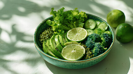 Obraz premium Green detox bowl with leafy greens avocado cucumber broccoli spirulina seeds and lime showcasing vibrant healthy nutrition and vitality concept