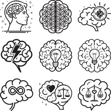 Black and white line collection of nine different brain with various patterns and symbols msea set brain line brain