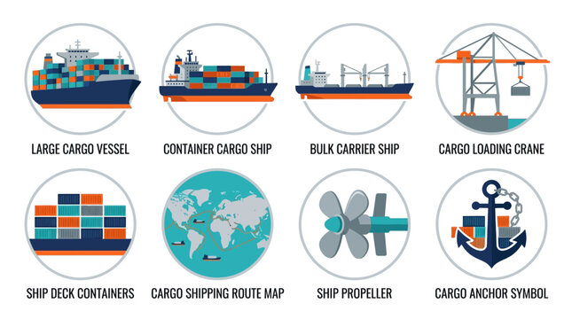 Vector illustration of cargo ship and port equipment with containers on a shipping route map.
