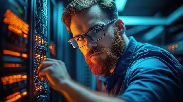 bearded technician in a blue shirt concentrating as he connects cables in a dim server room filled with glowing orange rack lights and network hardware