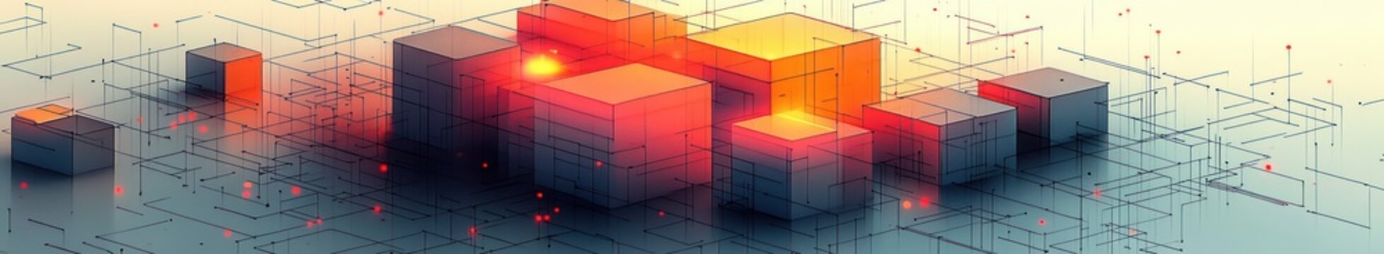 glowing orange and red cubic structures connected by delicate wireframe grid and tiny red nodes on a pale gradient background, futuristic and energetic