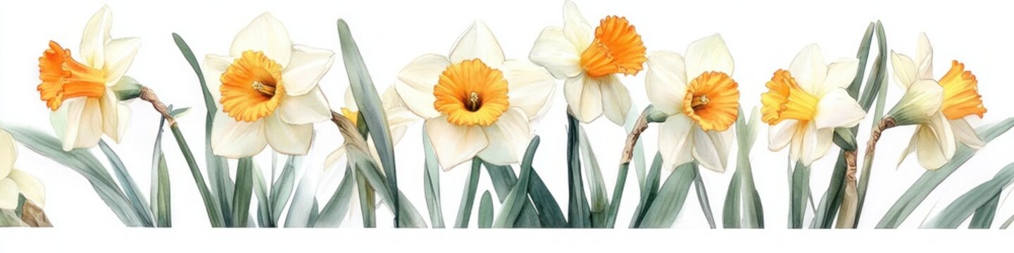 cheerful row of white daffodil blooms with orange trumpets and green leaves on white background, delicate spring botanical watercolor illustration