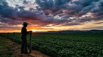 Fototapeta premium Farmer at sunset watching over a field, with a dramatic sky