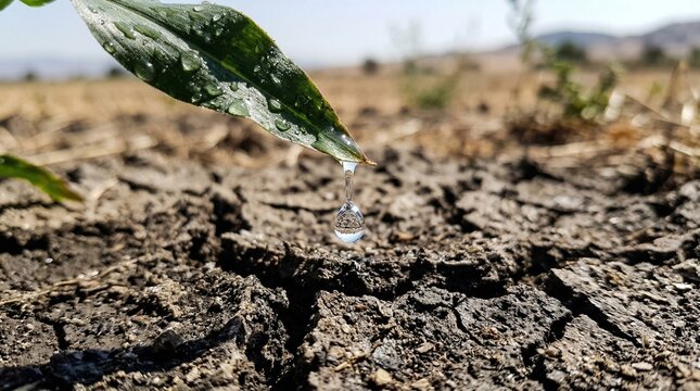 A single drop of water falls from a green leaf onto parched, cracked earth, symbolizing drought and the preciousness of water