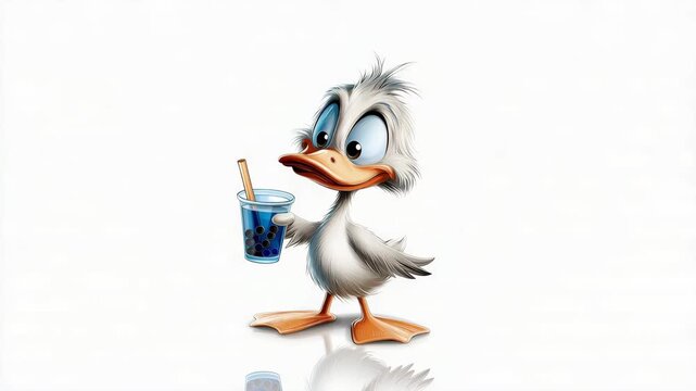 Duck holding a blue drink with a straw and looking at the viewer while standing on a plain white background
