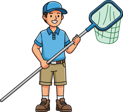 Cute flat pool cleaner vector with skimmer net in a clean isolated white background maintenance profession cartoon illustration style