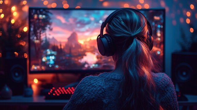 person wearing headphones at a cozy gaming desk with a large monitor showing a colorful fantasy landscape, red backlit keyboard, speakers and warm bokeh lights, focused and immersed