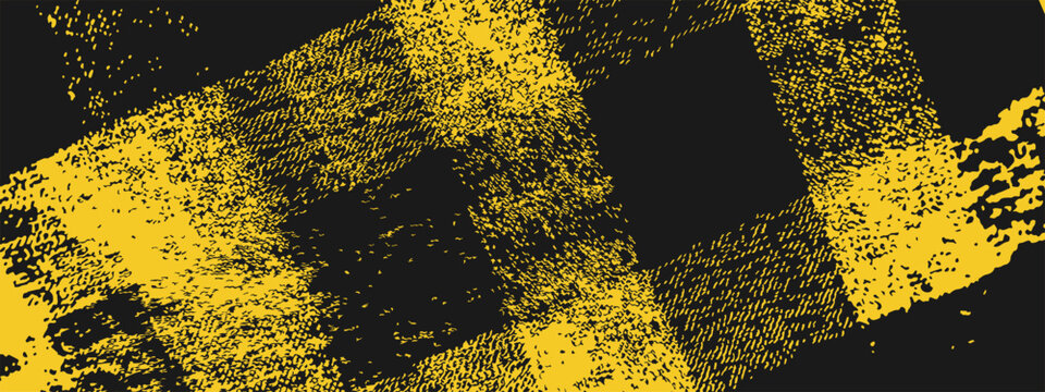 Abstract grunge background with yellow and black checkered texture. Horizontal format, retro style. Suitable for banner design, rock or punk style posters, covers, and web graphics.
