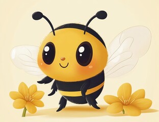Fototapeta premium smiling cartoon bee with big glossy eyes and translucent wings flanked by two yellow flowers on a warm cream background, joyful and playful expression