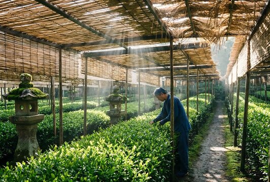 A serene scene in a Japanese tea plantation where traditional reed and straw mats (Tana canopy) are used to cover the tea bushes, blocking the sunlight.
