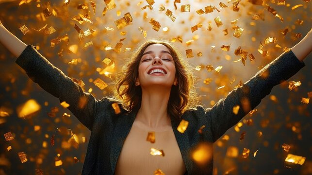 A person with arms outstretched amid showering gold confetti in warm light, expressing celebration and joy.