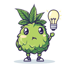 Fototapeta premium Cute funny marijuana weed bud character with question mark and idea lightbulb