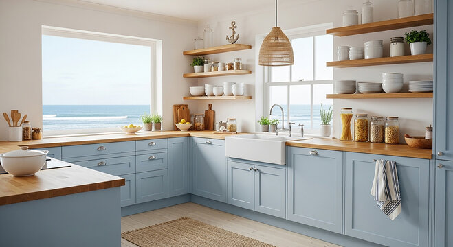 Bright kitchen with blue cabinets wooden countertops and ocean view white sink