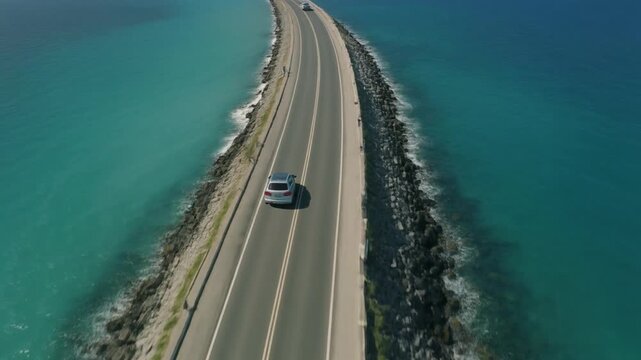 Aerial drone footag ef a car driving in the middle of the ocean in road to heaven