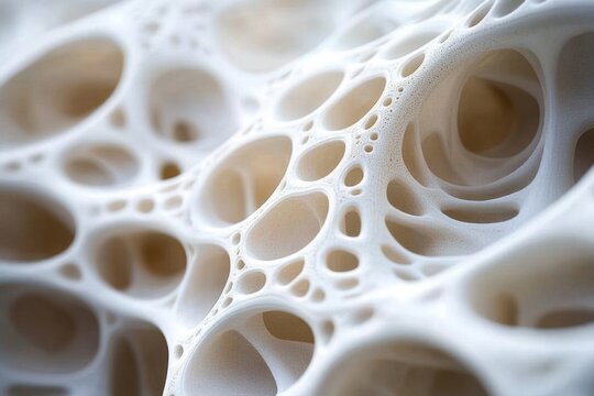 close-up of smooth white porous lattice with interconnected rounded holes and soft shadows, an airy organic texture evoking calm curiosity