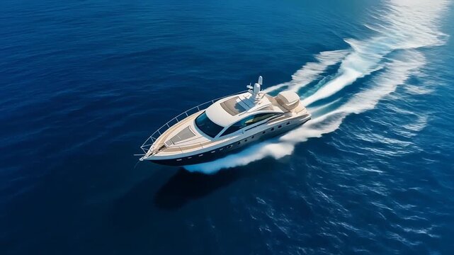 Stunning aerial 4k cinematic high angle drone footage following a powerful luxury high speed yacht rushing through deep blue ocean water near Manly Beach, Sydney, New South Wales, Australia.