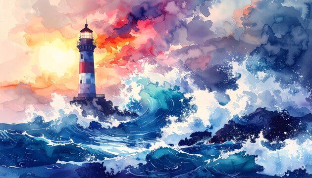 A dramatic landscape captures fire in the sea and city as red flames and smoke erupt from a factory chimney into a stormy night sky over the blue ocean