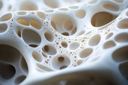 Smooth organic porous surface with numerous rounded cavities and tiny pores, soft lighting creating a calm surreal atmosphere