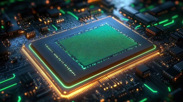Close-up of a glowing green microprocessor on a circuit board with orange illuminated traces and surface-mounted components, conveying futuristic precision and energy