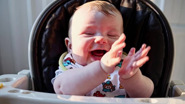 Infant Giggles While Eating With Delight. Delighted Newborn Grins Amid Chaotic Feeding Session For Fun. Joyful Young Child Beams Happily During Messy And Unplanned Feeding Adventure