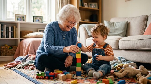 Elderly woman playing with toddler while building blocks indoors  
