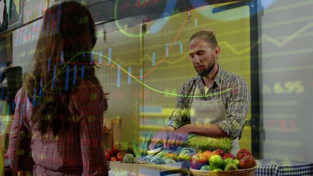 Woman choosing leeks for purchase, vendor picking handing leeks while financial overlays shifting