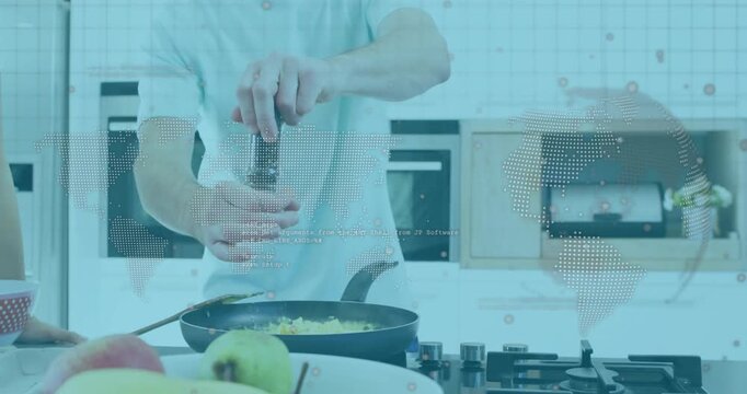 Man cooking eggs at stove, picking pepper grinder for flavor as woman reaching, dotted map overlay