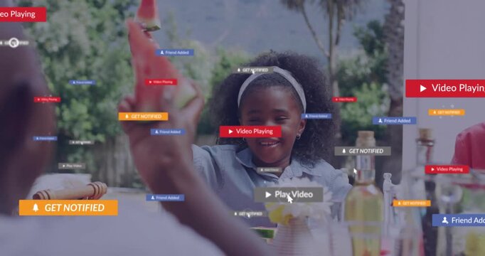 Girl reaching for melon to snack after boy offering in yard, tech notifications layering over girl