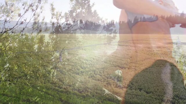 Crossfade starting, adult man performing stretching while overlaying sunlit meadow, showing fitness
