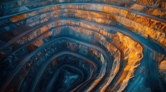 aerial view of a terraced open-pit mine with spiraling haul roads bathed in golden light, dramatic scale and isolated industrial landscape