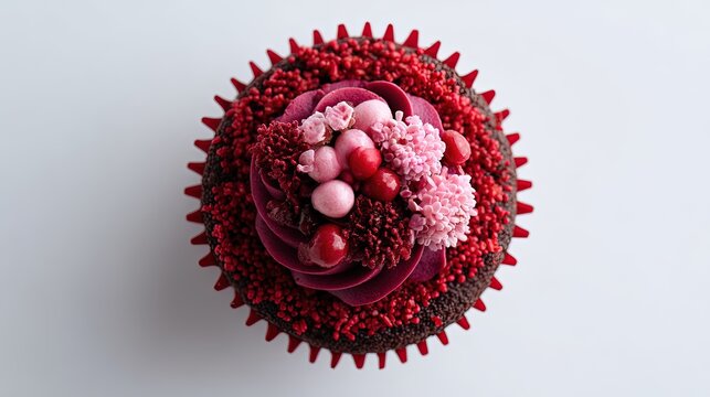 Overhead view of a rich chocolate cupcake adorned with deep red frosting sprinkles and pink edible flowers