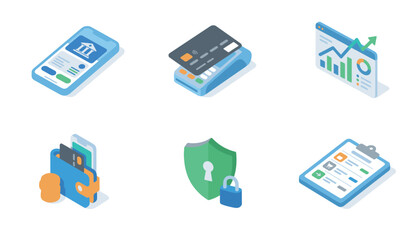 Fototapeta premium Isometric Digital Finance and Technology Icons for Business and Online Services