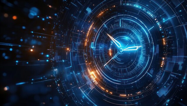Futuristic glowing analog clock with central hands surrounded by concentric digital rings, blue and orange circuitry lights conveying urgent high-tech energy